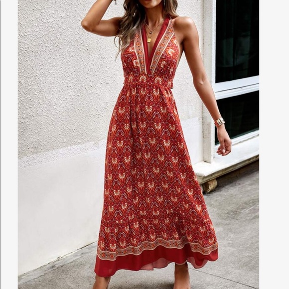 Boho Floral Print Cottagecore Halter Maxi Dress - Picture 3 of 4